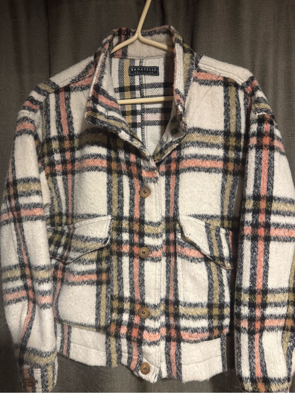 bagatelle Cream Plaid Button-Front Shacket with Pink and Black Stripes